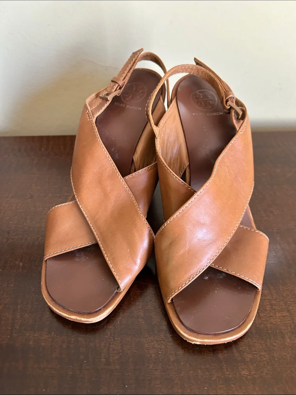 Tory Burch Brown Leather Wedge Sandals 3 1/2 inch heel.
